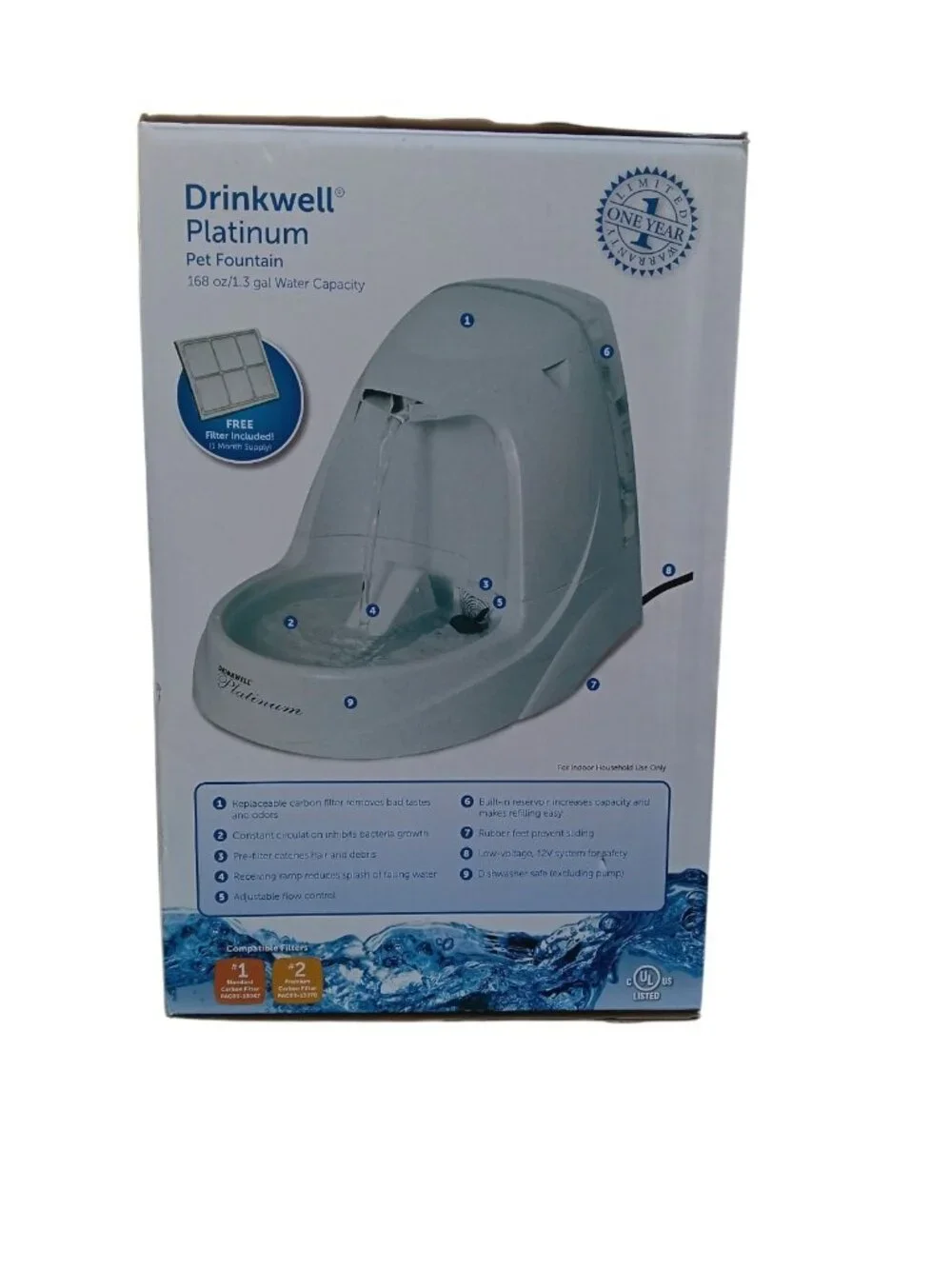 PetSafe Drinkwell Cat Dog Platinum Fountain Indoor Multi-Pet 1.3 Gal PWW00